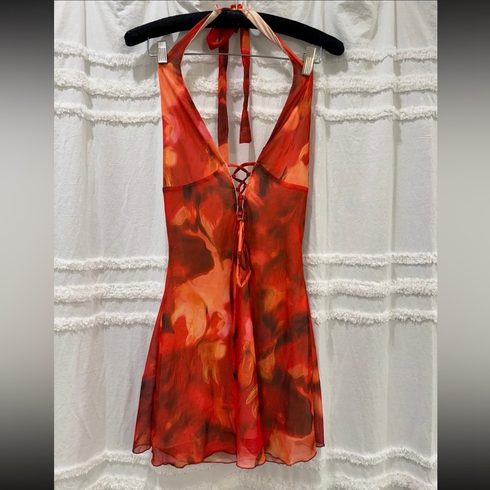 SHEIN Red and Orange Halter Mesh Mini Dress